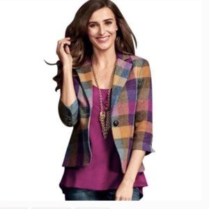 CAbi Women's Plaid Tweed Multicolor Wool Blend Lined Blazer Jacket Sz. 8
